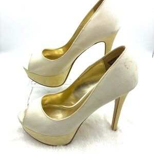Chic White and Gold Peep-Toe Heels